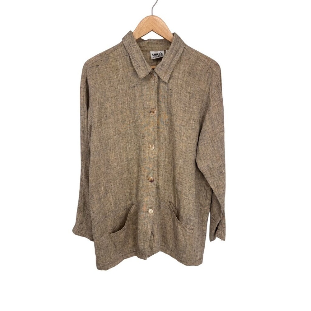 Chico's‎ Minimalist Lagenlook Button Front Shirt Womens 1 M 8 Tan Linen Pockets